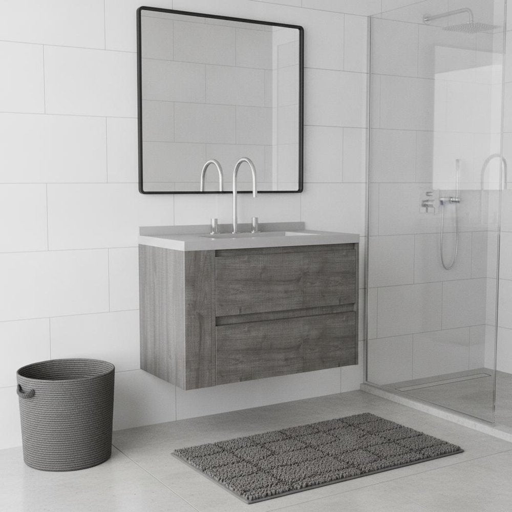 30" Gray Wood Floating Bathroom Vanity With White Sink And Two Drawers