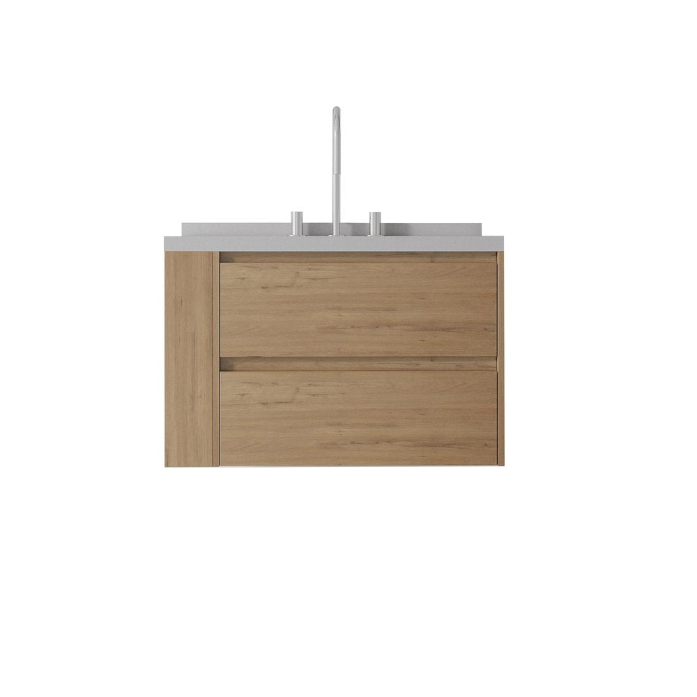 30" Brown Wood Floating Bathroom Vanity With White Sink And Two Drawers