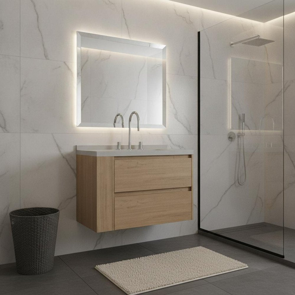 30" Brown Wood Floating Bathroom Vanity With White Sink And Two Drawers
