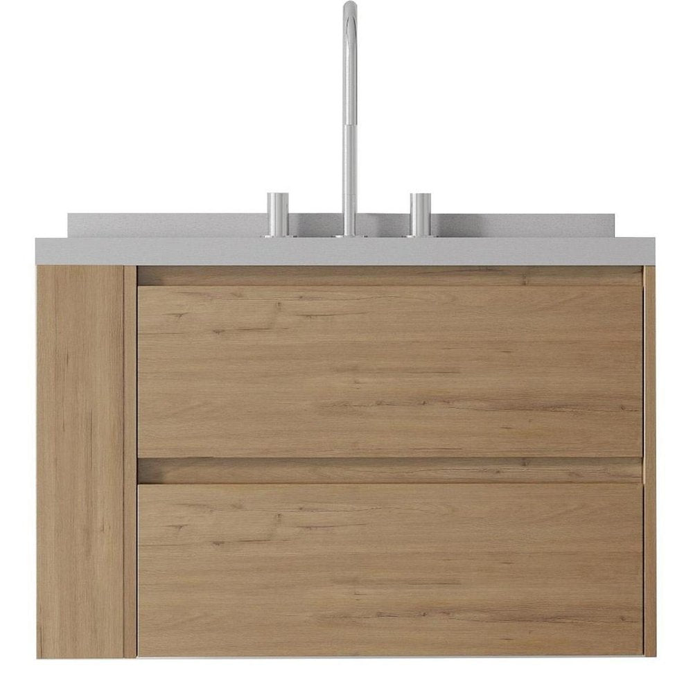 30" Brown Wood Floating Bathroom Vanity With White Sink And Two Drawers