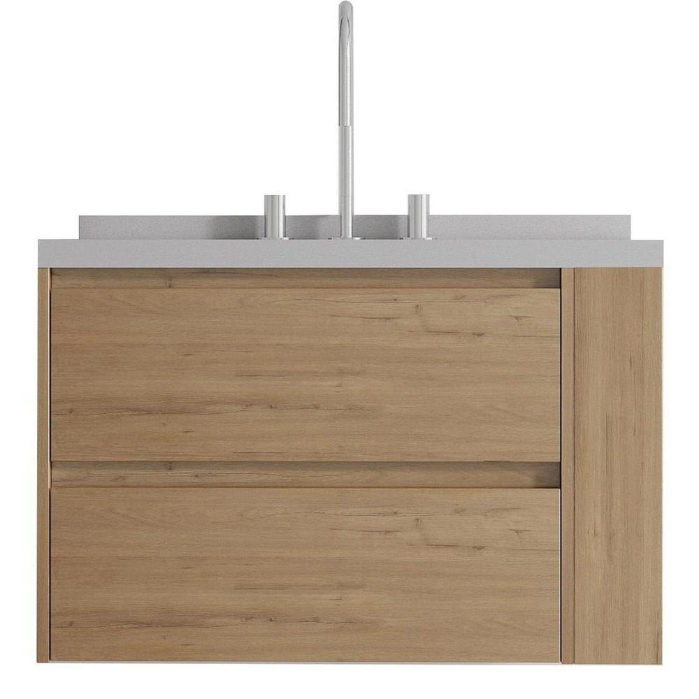 30" Brown Wood Floating Bathroom Vanity With White Sink And Two Drawers