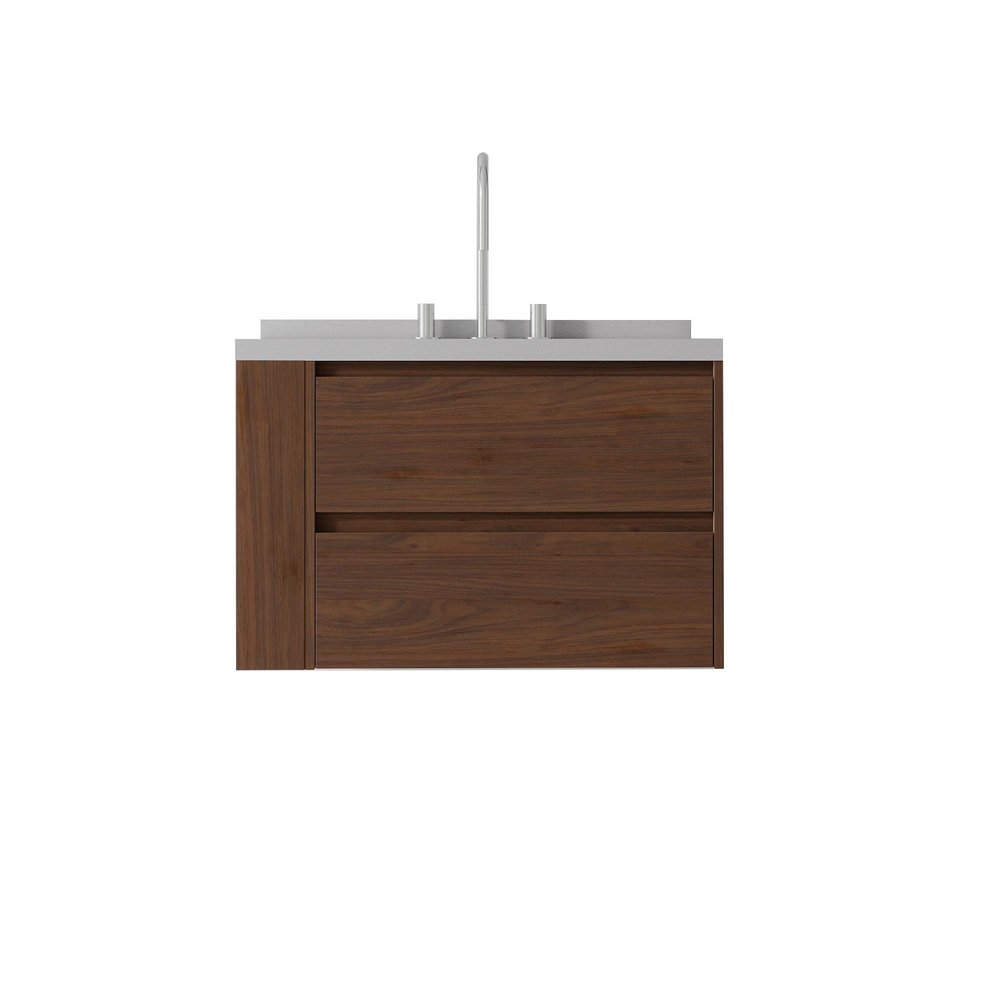 30" Brown Wood Floating Bathroom Vanity With White Sink And Two Drawers
