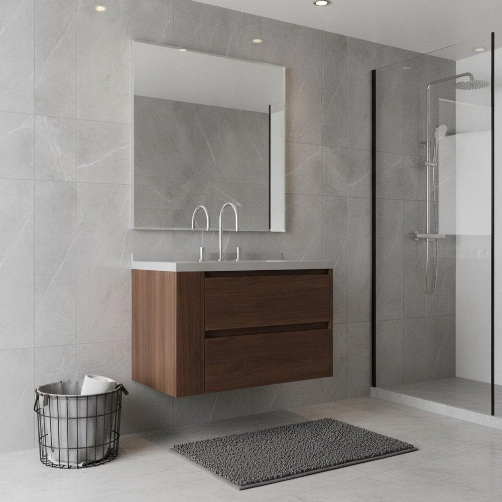 30" Brown Wood Floating Bathroom Vanity With White Sink And Two Drawers