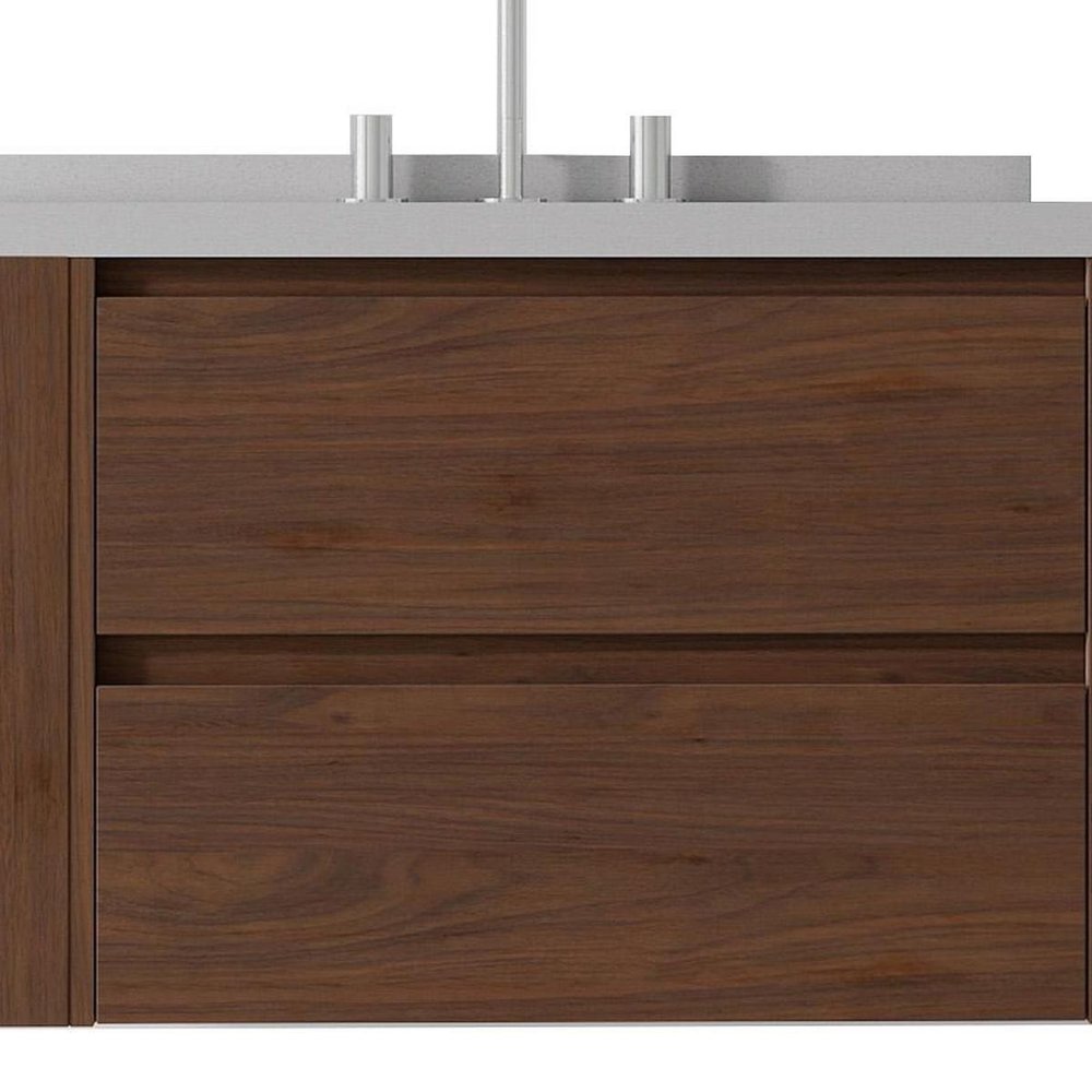 30" Brown Wood Floating Bathroom Vanity With White Sink And Two Drawers