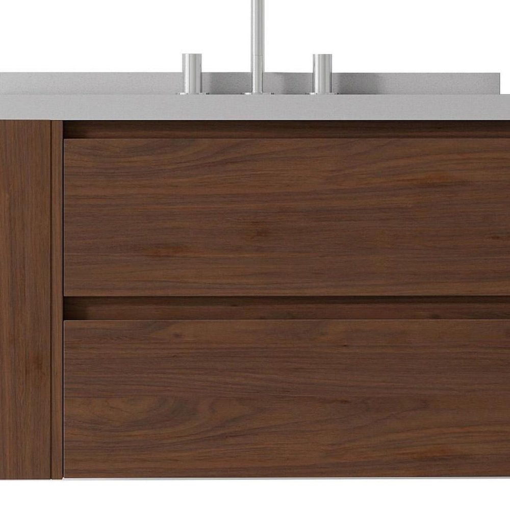 30" Brown Wood Floating Bathroom Vanity With White Sink And Two Drawers