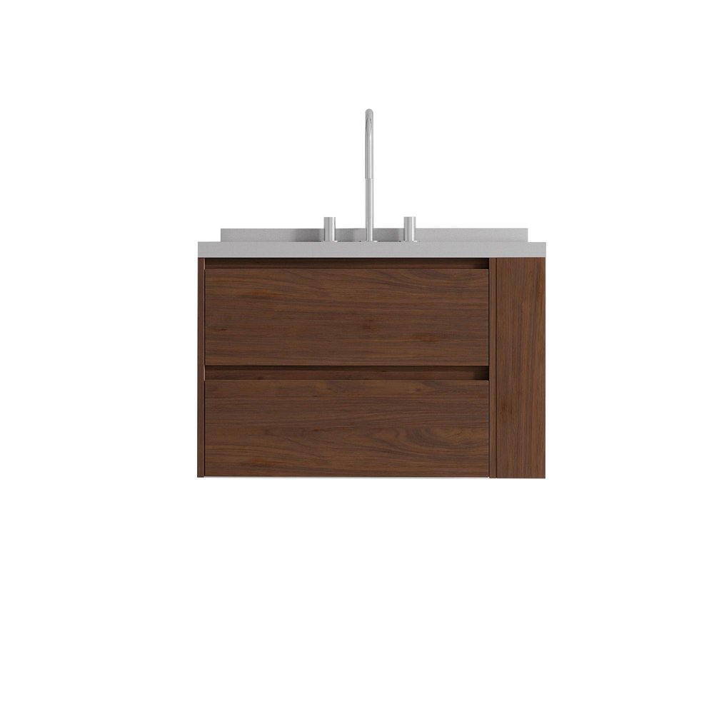30" Brown Wood Floating Bathroom Vanity With White Sink And Two Drawers