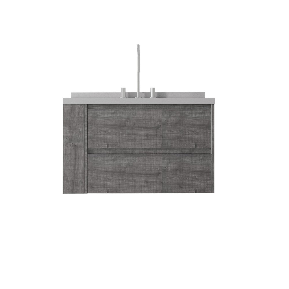 36" Gray Wood Floating Bathroom Vanity With White Sink And Two Drawers