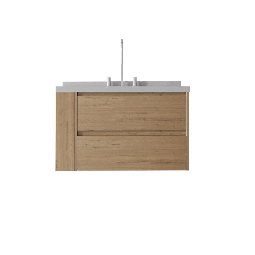 36" Brown Wood Floating Bathroom Vanity With White Sink And Two Drawers