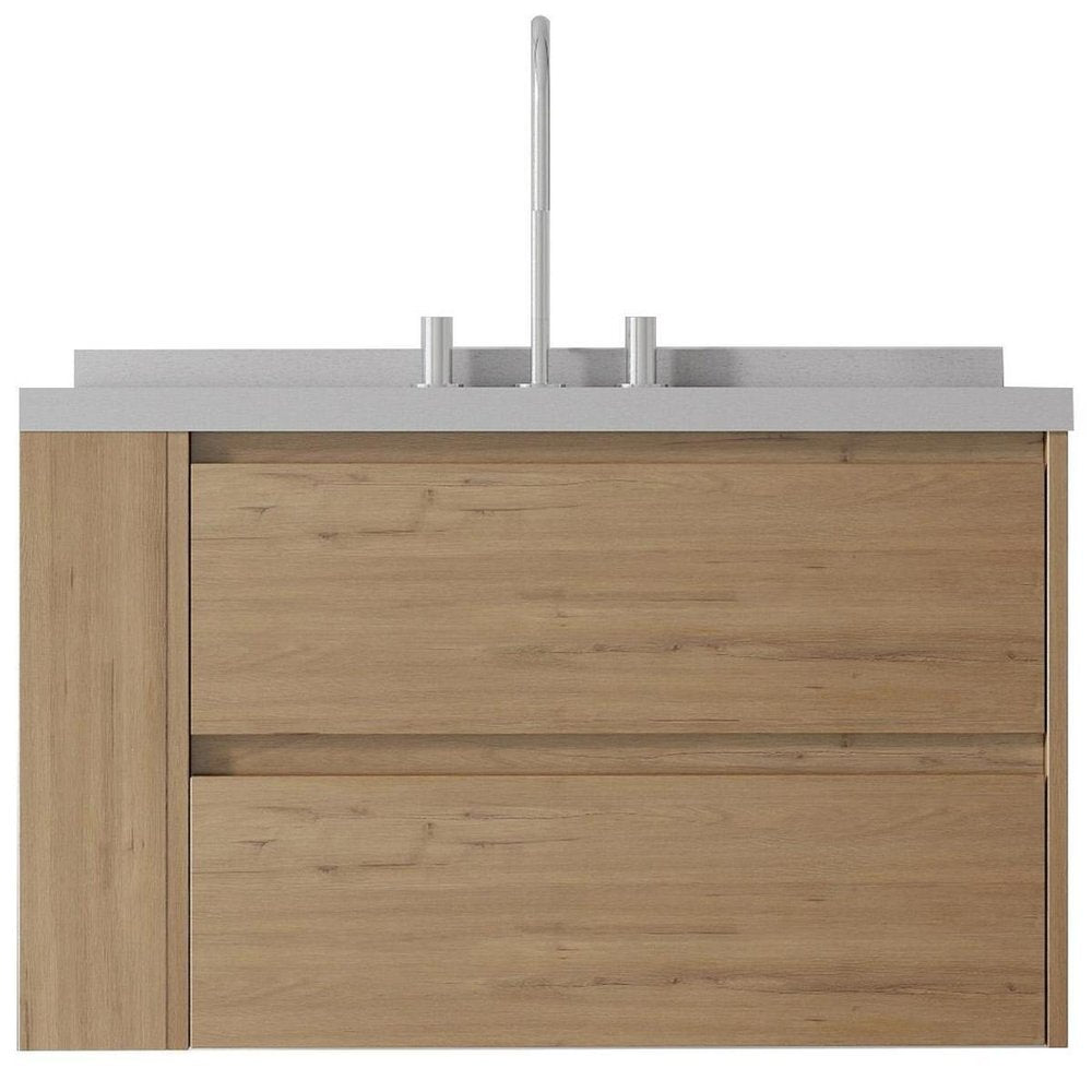 36" Brown Wood Floating Bathroom Vanity With White Sink And Two Drawers