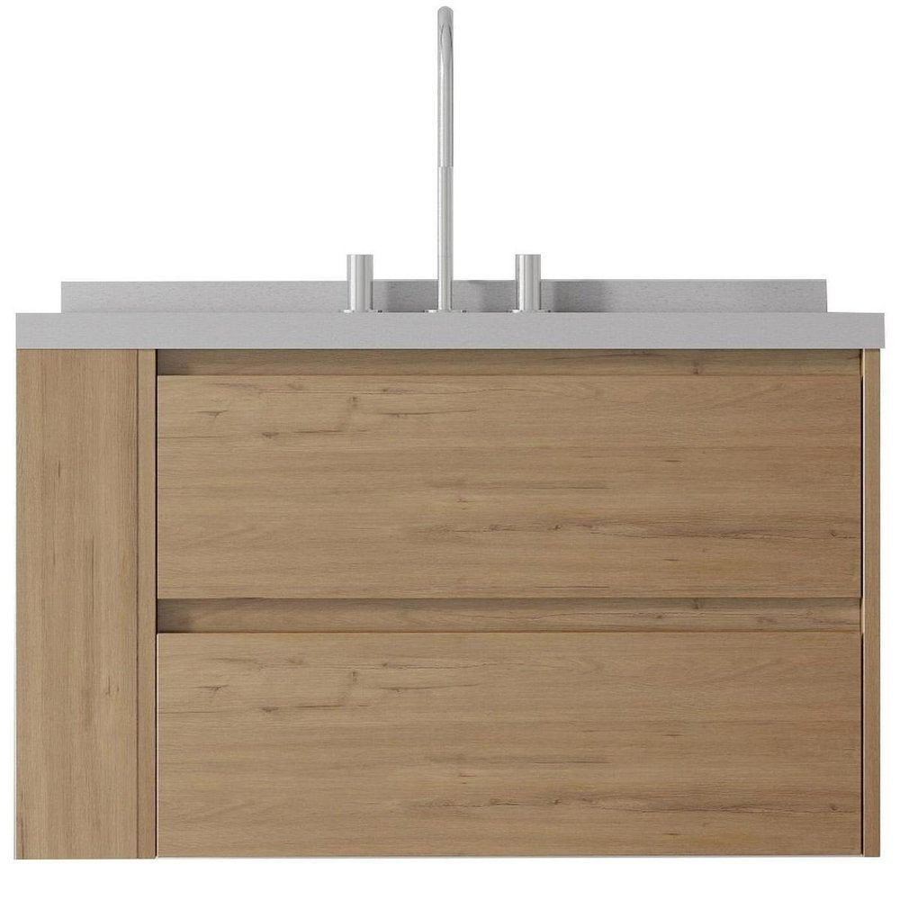 36" Brown Wood Floating Bathroom Vanity With White Sink And Two Drawers