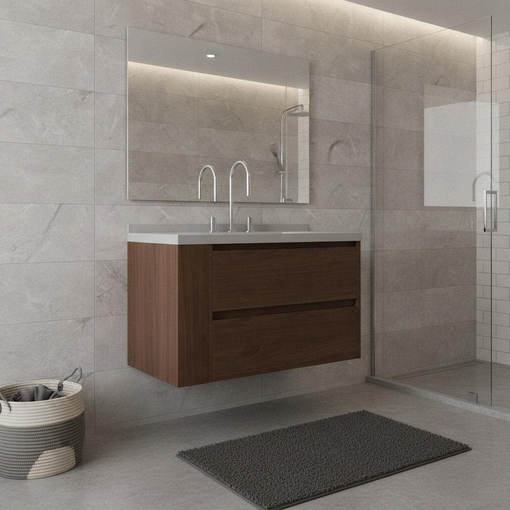36" Brown Wood Floating Bathroom Vanity With White Sink And Two Drawers