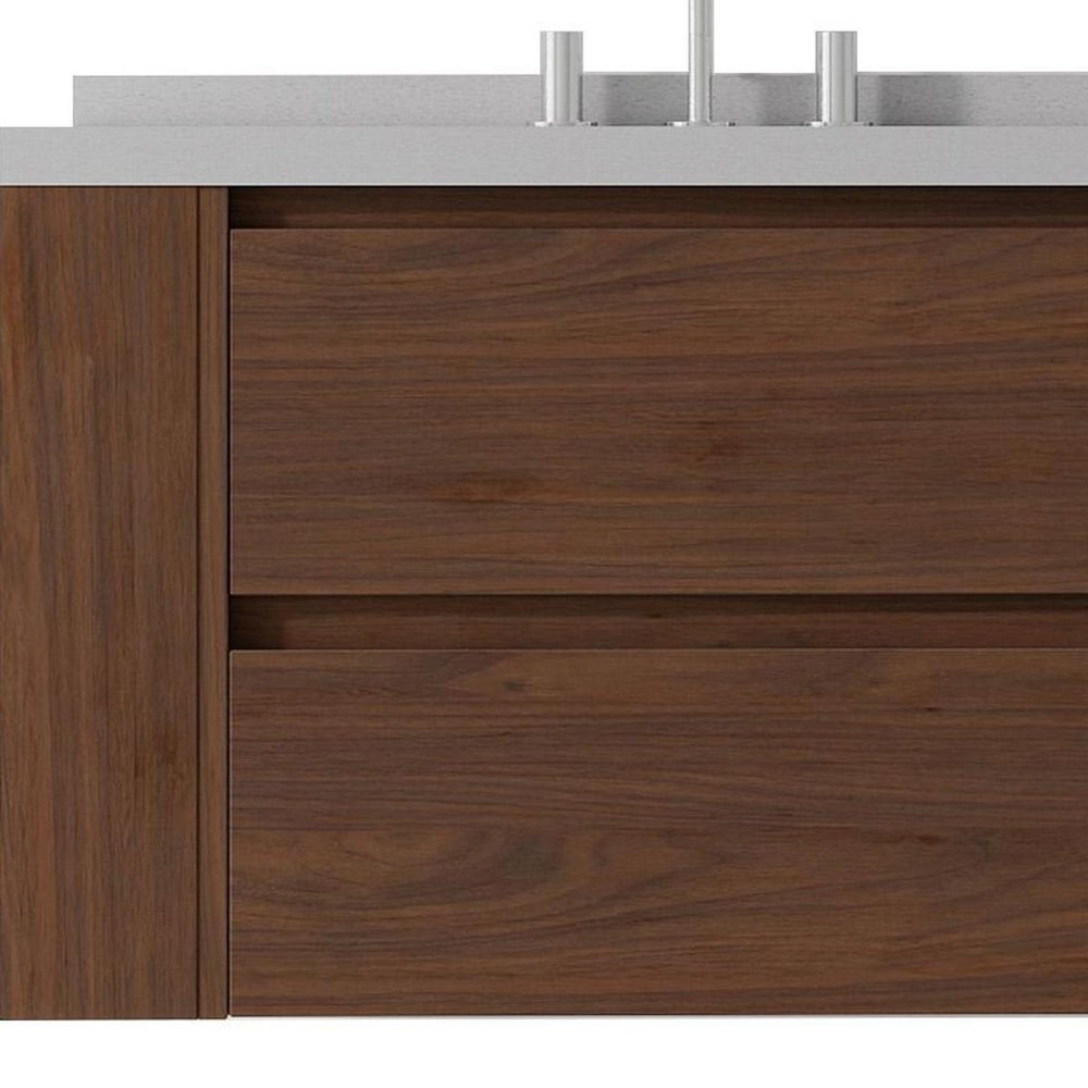 36" Brown Wood Floating Bathroom Vanity With White Sink And Two Drawers