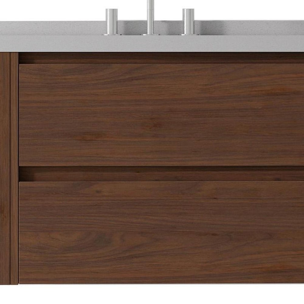 36" Brown Wood Floating Bathroom Vanity With White Sink And Two Drawers