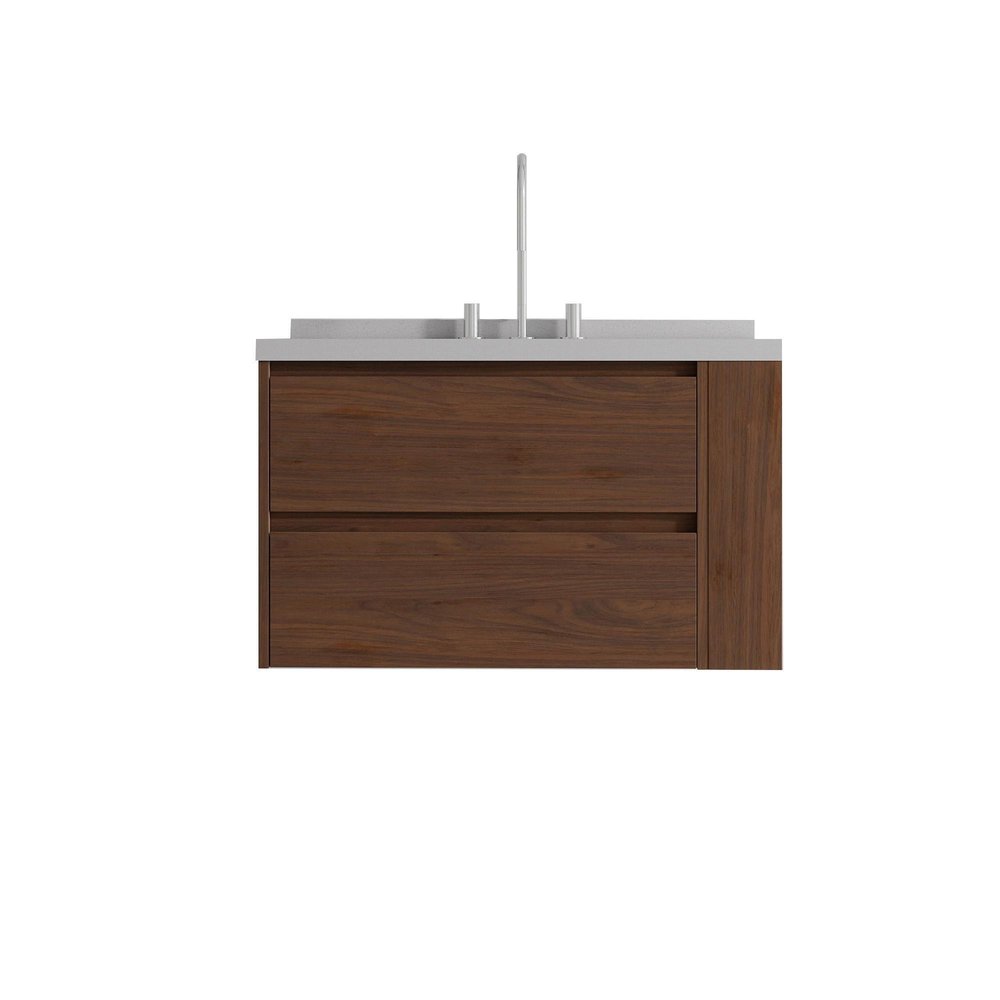 36" Brown Wood Floating Bathroom Vanity With White Sink And Two Drawers