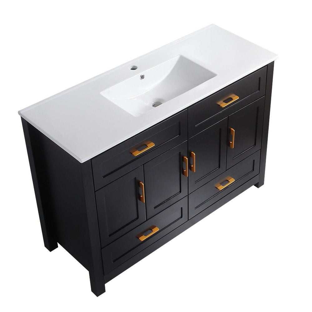 48" Black Wood Freestanding Four Door Bathroom Vanity With White Sink And Four Drawers