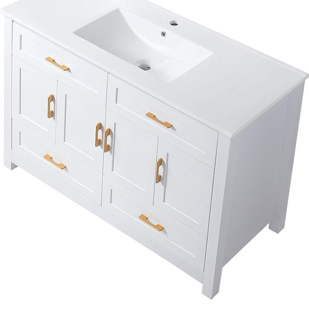 48" White Wood Freestanding Four Door Bathroom Vanity With Sink And Four Drawers
