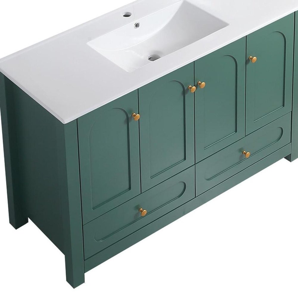 48" Green Wood Freestanding Four Door Bathroom Vanity With White Sink And Two Drawers
