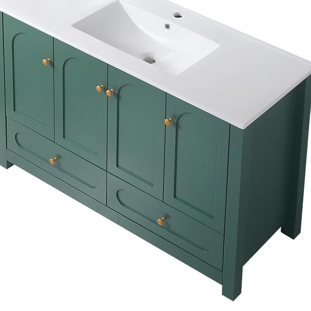 48" Green Wood Freestanding Four Door Bathroom Vanity With White Sink And Two Drawers