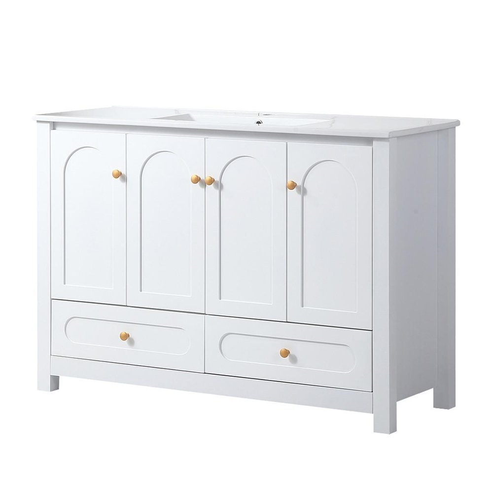 48" White Wood Freestanding Four Door Bathroom Vanity With Sink And Two Drawers