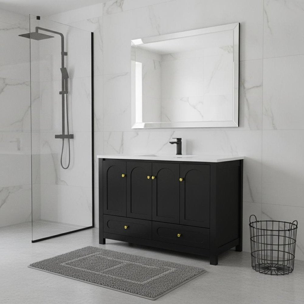 48" Black Wood Freestanding Four Door Bathroom Vanity With White Sink And Two Drawers