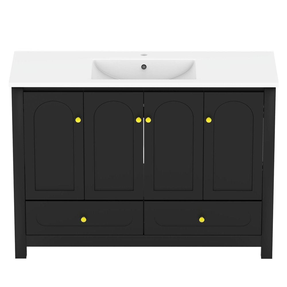 48" Black Wood Freestanding Four Door Bathroom Vanity With White Sink And Two Drawers