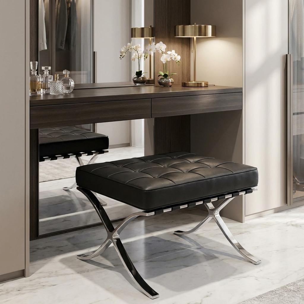 24" Black And Silver Tufted Leather And Stainless Steel Vanity Chair