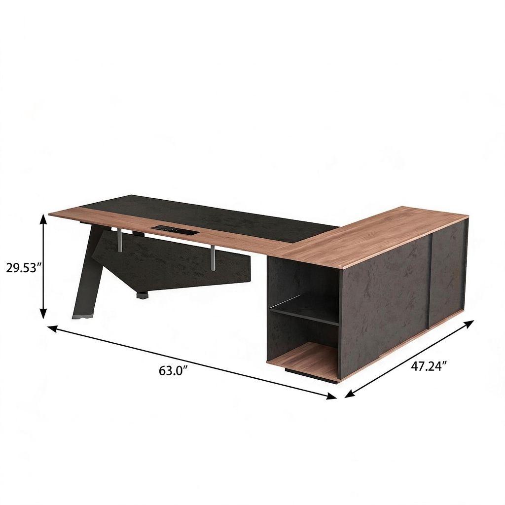63" Black And Brown Wood And Steel L Shape Pedestal Executive Desk With Four Cabinets