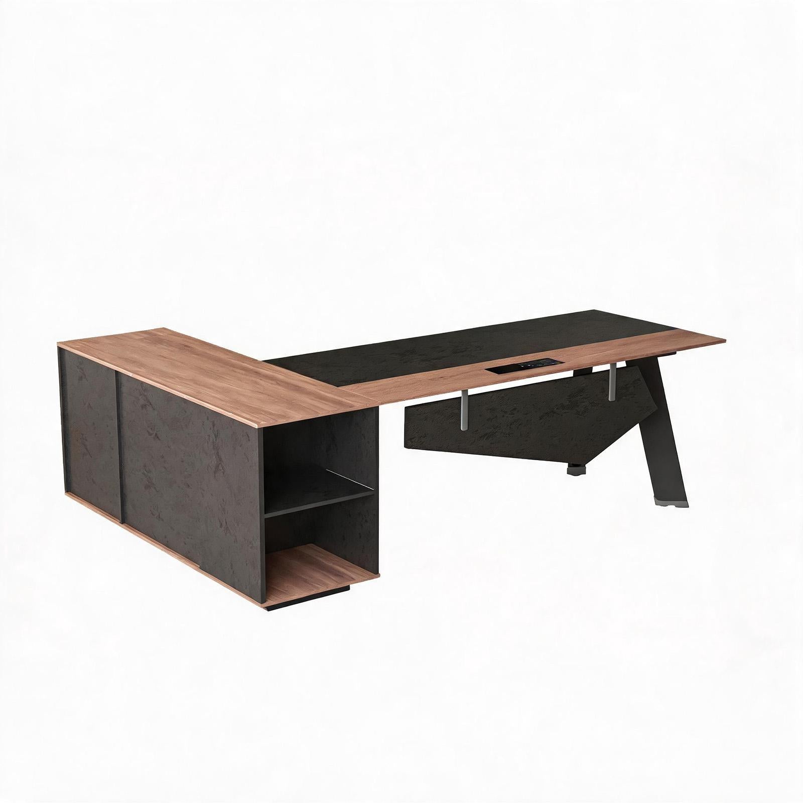 63" Black And Brown Wood And Steel L Shape Pedestal Executive Desk With Four Cabinets