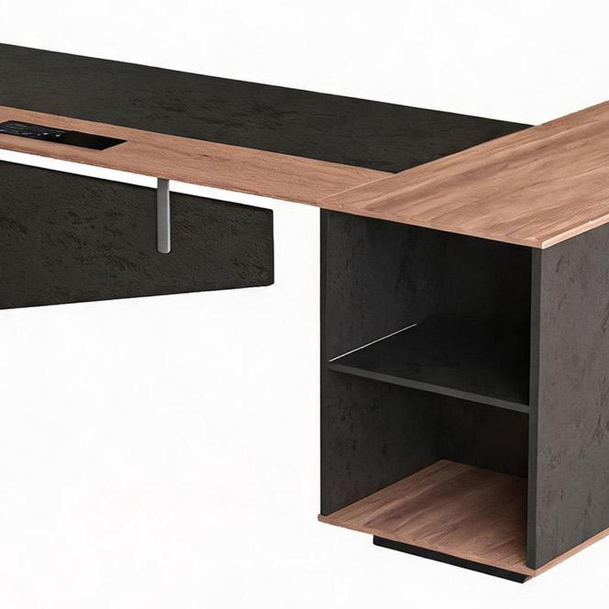 63" Black And Brown Wood And Steel L Shape Pedestal Executive Desk With Four Cabinets