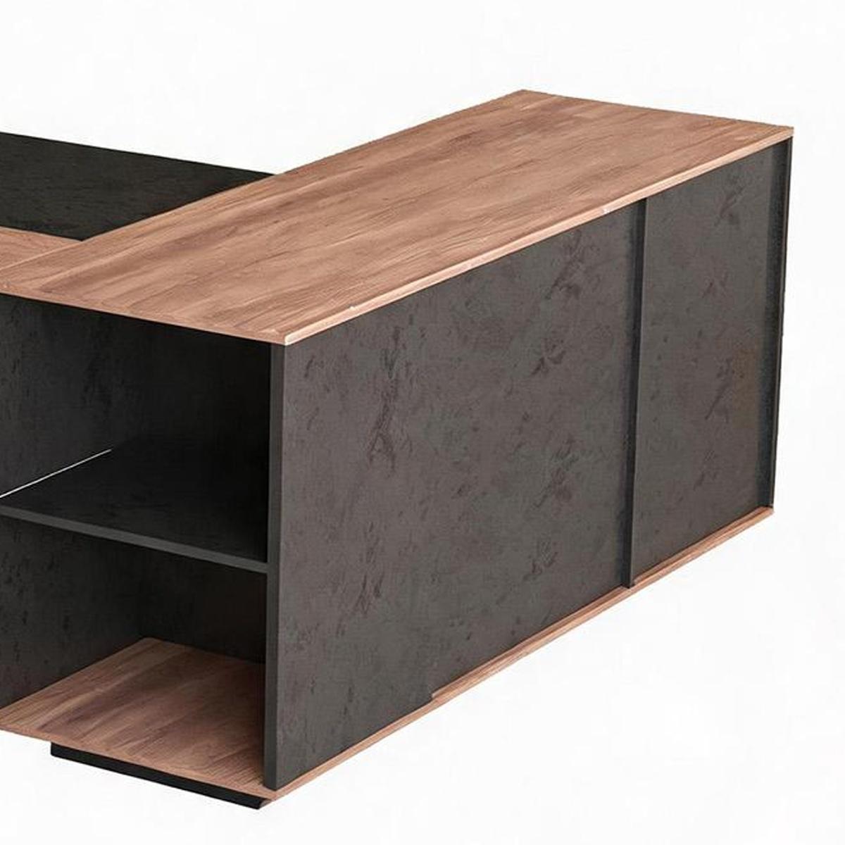63" Black And Brown Wood And Steel L Shape Pedestal Executive Desk With Four Cabinets