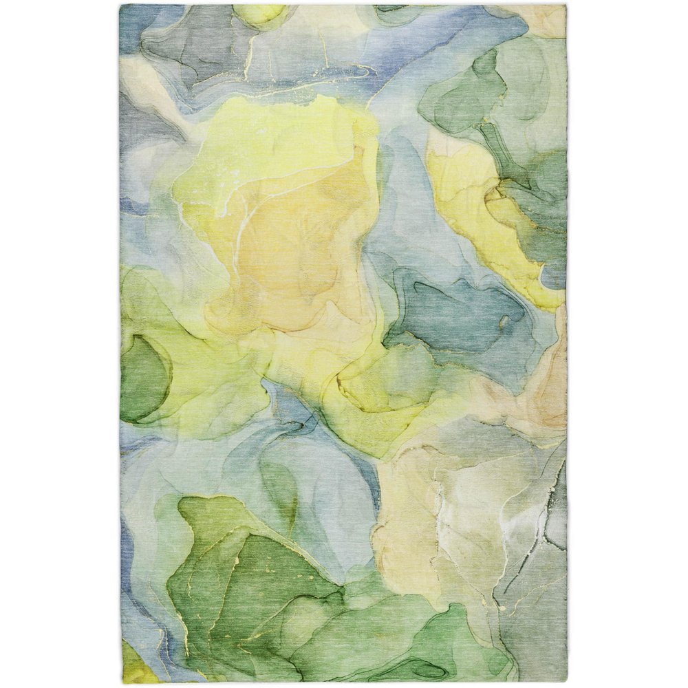 9' X 12' Yellow And Teal Abstract Shag Washable Area Rug With UV Protection