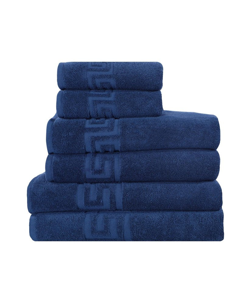 Set of Six Navy Blue Greek Key Turkish Cotton Towel Set