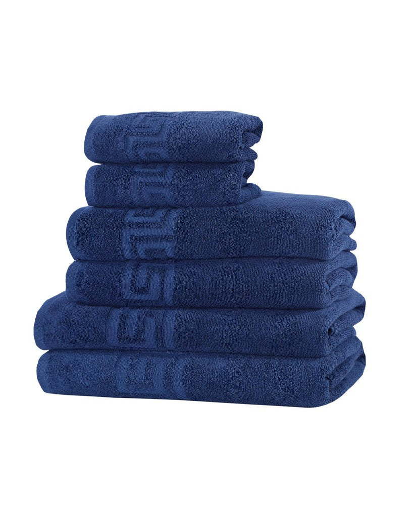Set of Six Navy Blue Greek Key Turkish Cotton Towel Set
