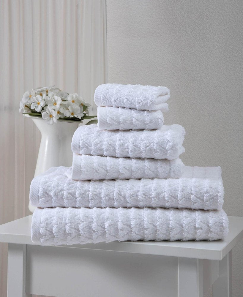 Set of Six White Geometric Turkish Cotton Towel Set