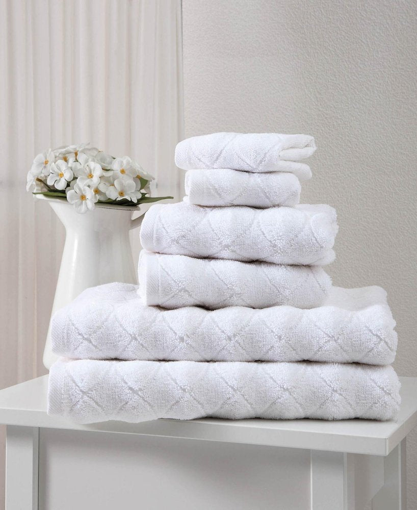 Set of Six White Geometric Turkish Cotton Towel Set