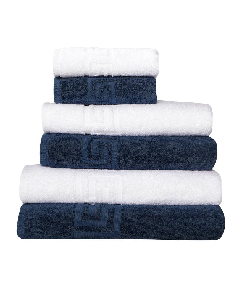 Set of Six Navy Blue Greek Key Turkish Cotton Towel Set