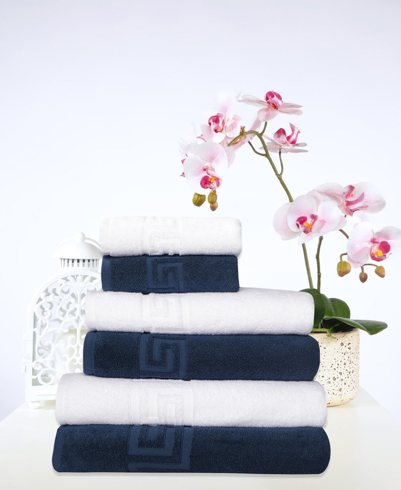 Set of Six Navy Blue Greek Key Turkish Cotton Towel Set