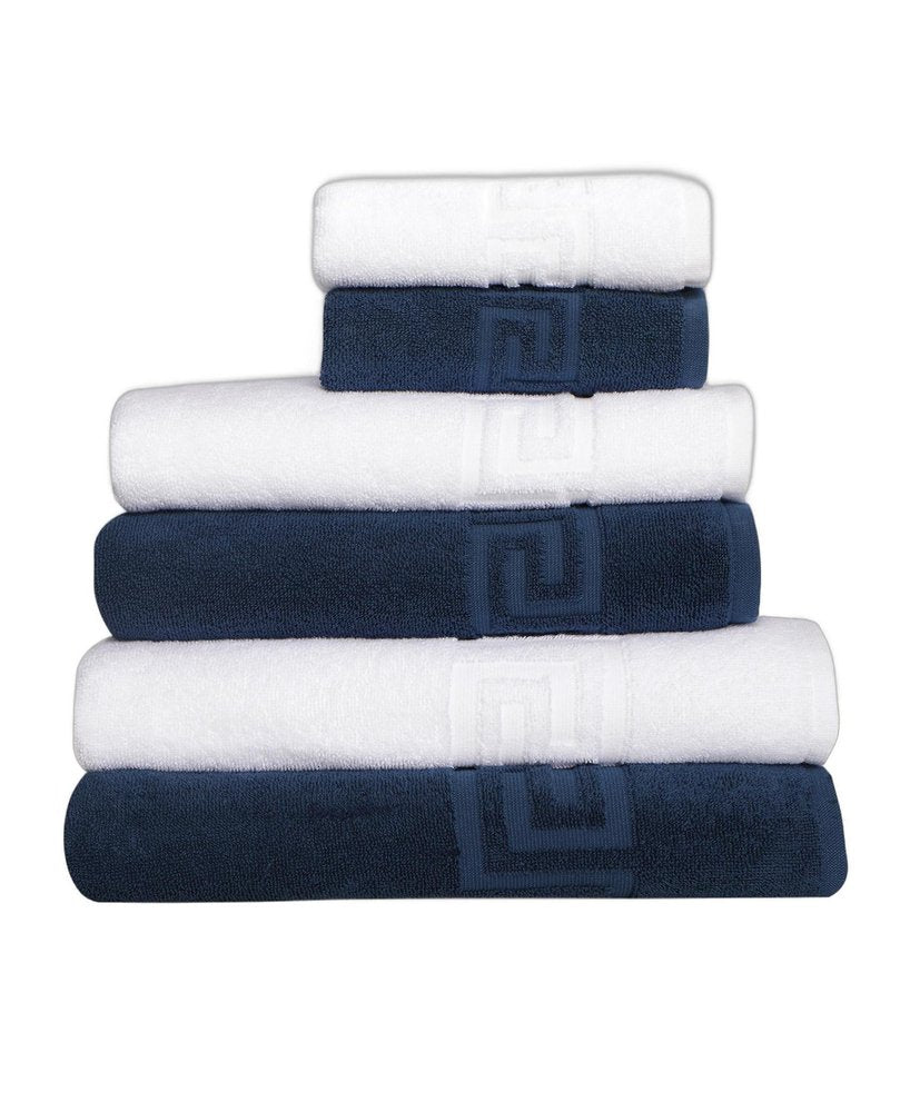 Set of Six Navy Blue Greek Key Turkish Cotton Towel Set