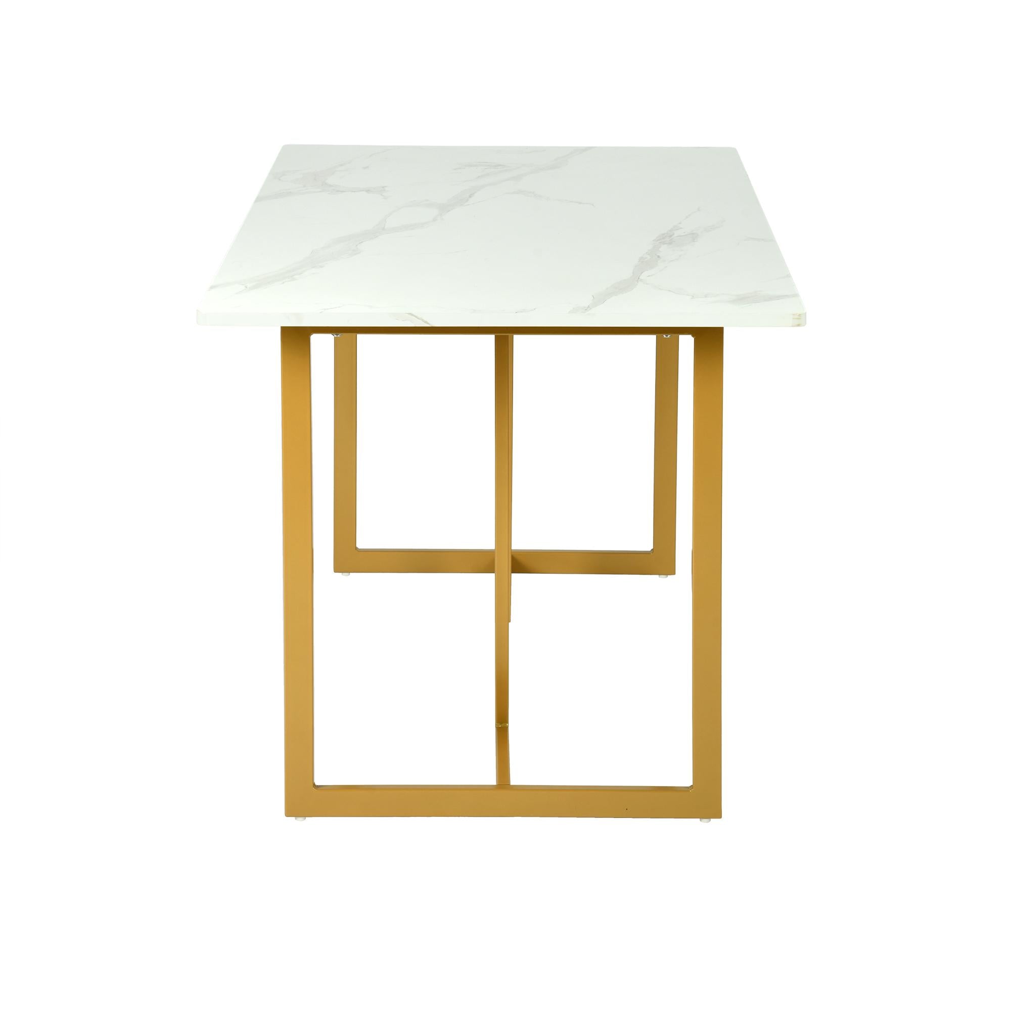 55" White And Gold Faux Marble And Iron Sled Base Dining Table