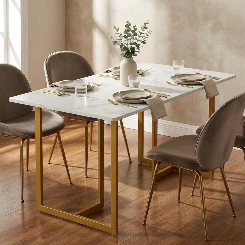 55" White And Gold Faux Marble And Iron Sled Base Dining Table