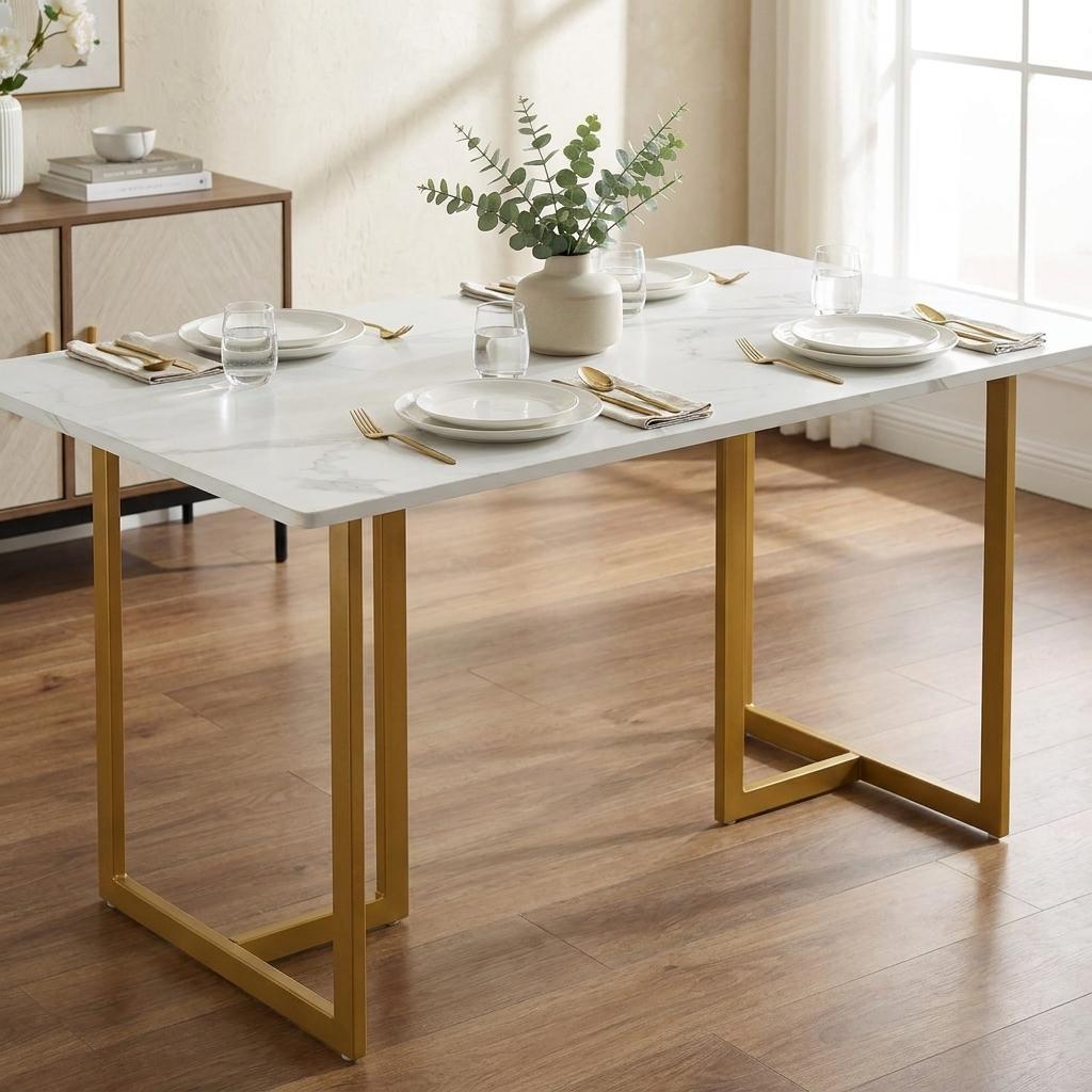 55" White And Gold Faux Marble And Iron Sled Base Dining Table