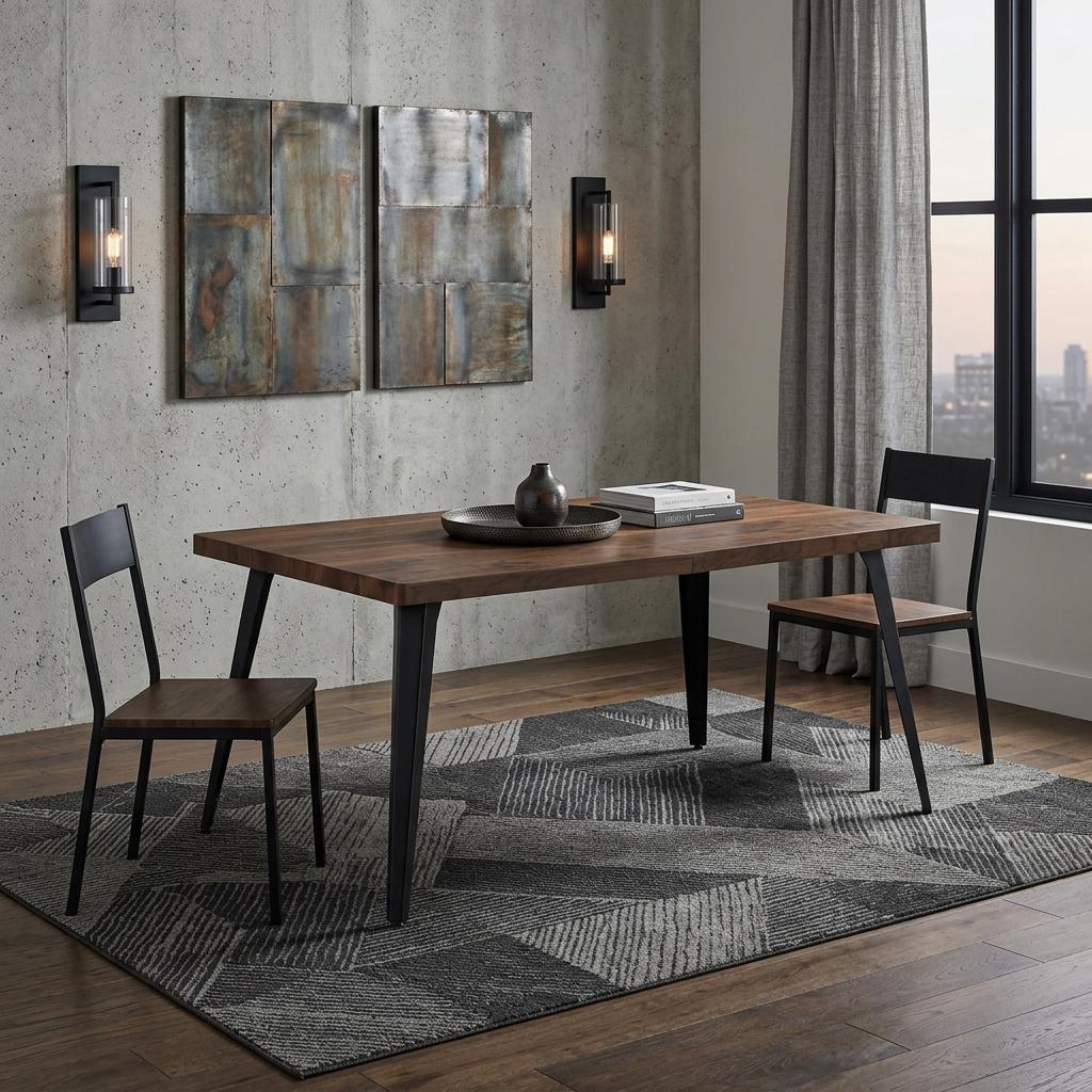 63" Walnut And Black Wood And Iron Dining Table