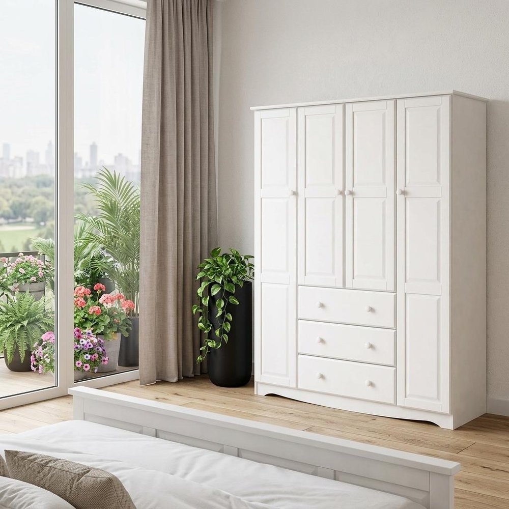 72" White Solid Wood Four Door Three Drawer Combo Dresser