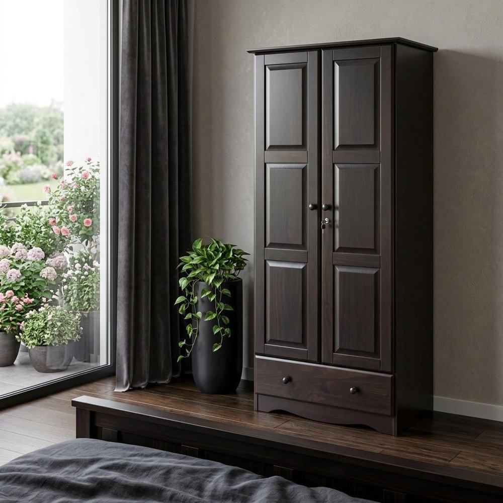 72" Coffee Solid Wood Two Door Single Drawer Combo Dresser