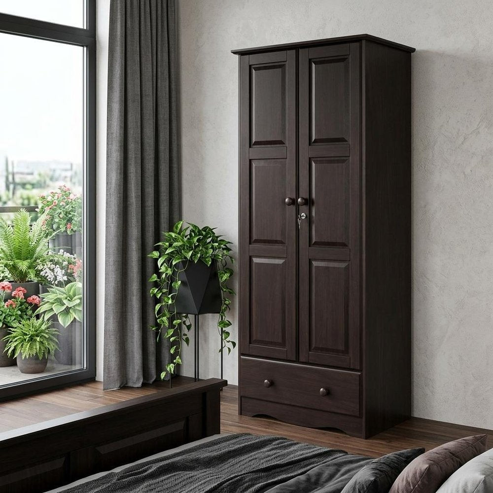 72" Coffee Solid Wood Two Door Single Drawer Combo Dresser
