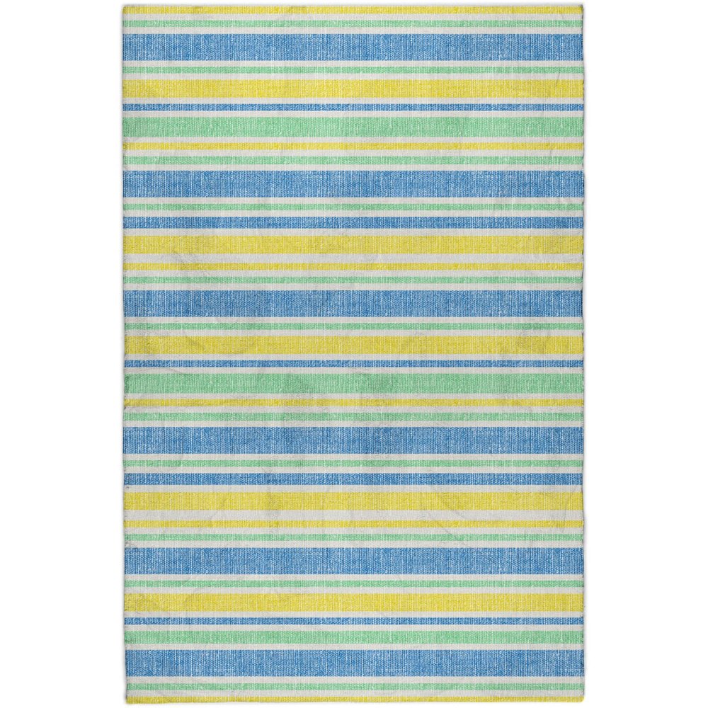 9' X 12' Yellow And Blue Striped Shag Washable Area Rug With UV Protection