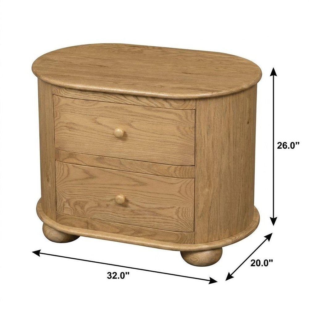 26" Natural Solid Wood Oval Distressed Two Drawer Nightstand