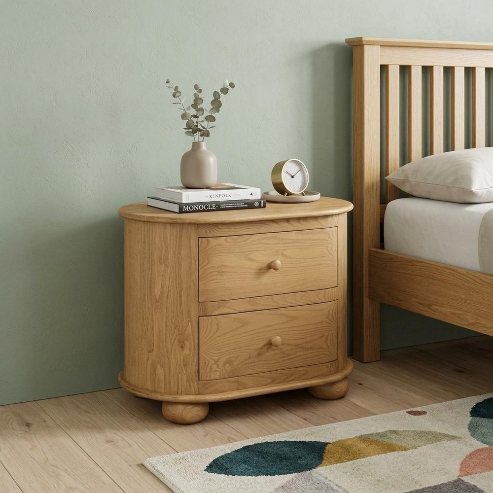 26" Natural Solid Wood Oval Distressed Two Drawer Nightstand