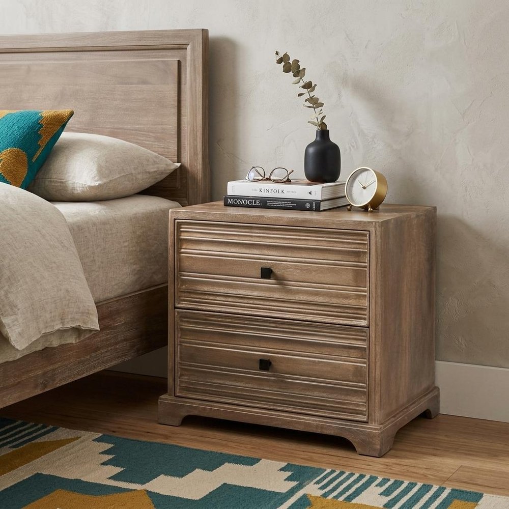 24" Light Brown Solid Wood Distressed Two Drawer Nightstand