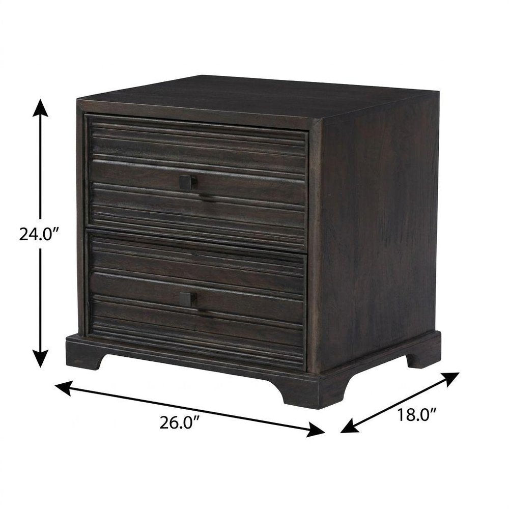24" Umber Solid Wood Distressed Carved Geometric Two Drawer Nightstand
